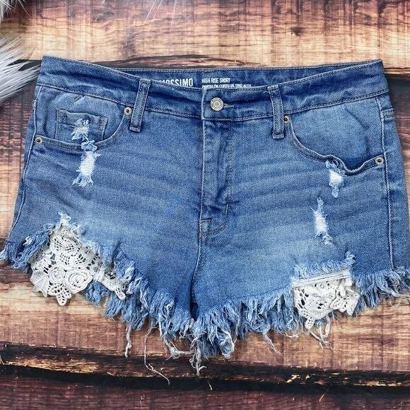 Mossimo High Rise Denim Shorts Cut Off Distressed Lace Pockets - Picture 2 of 8